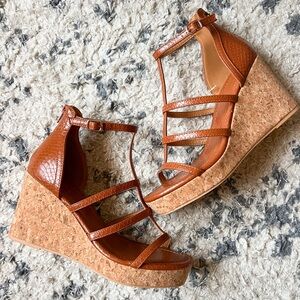 (maurices) brown tan strappy “SuperCush Ava Python Cork Wedge” women’s size 8
